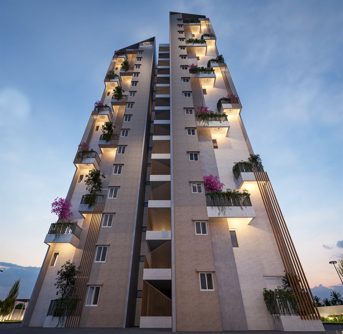 A Novelle Boulevard tower at dusk, its balconies planted with bougainvillea