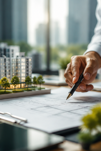 An architect marking up floor plans beside a scale model of the development