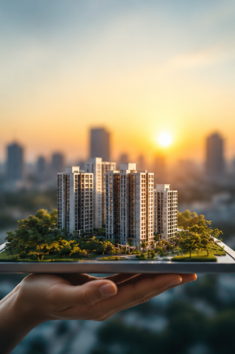 A hand holding a miniature township at sunset