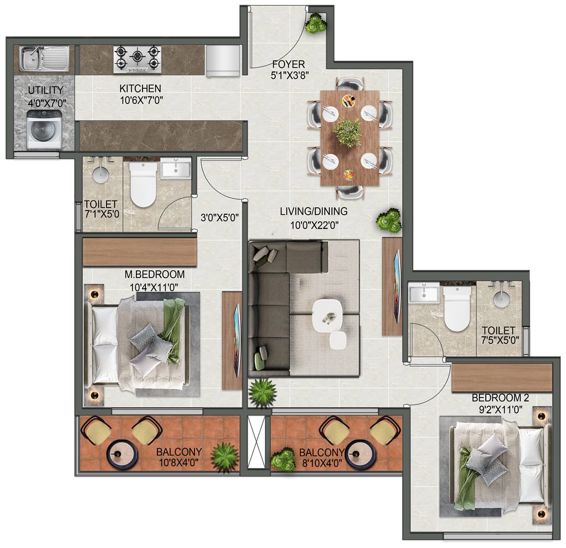 2 BHK Type 1 floor plan