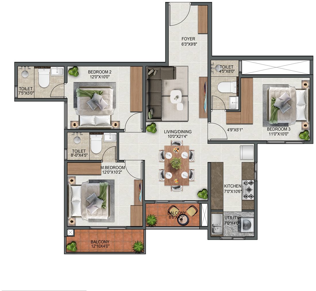 3 BHK Type 1 floor plan