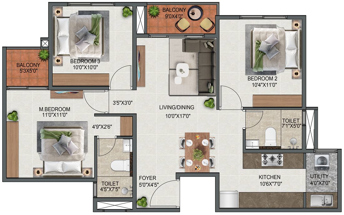 3 BHK Type 6 floor plan